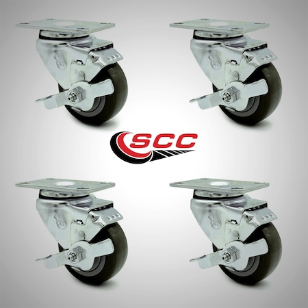 Service Caster 3 Inch SS Gray Polyurethane Swivel Top Plate Caster Set with Brake SCC SCC-SS20S314-PPUB-TLB-4